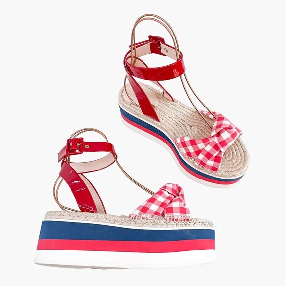 Gucci Sefir Espadrille Platform Sandals EU 38 US 8 Red Blue Gingham Web Stripe - Picture 1 of 12